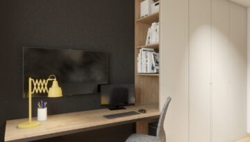 Nowoczesny pokój dziecięcy z szarymi ścianami, żółtym oświetleniem i praktyczną strefą do nauki