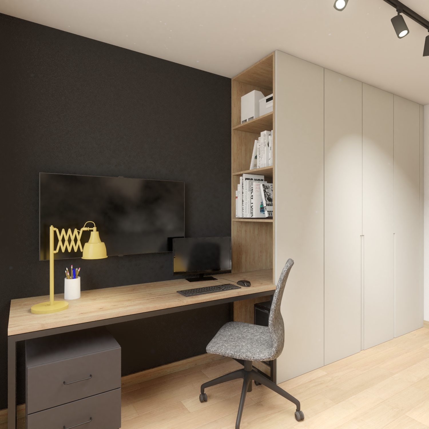 Nowoczesny pokój dziecięcy z szarymi ścianami, żółtym oświetleniem i praktyczną strefą do nauki