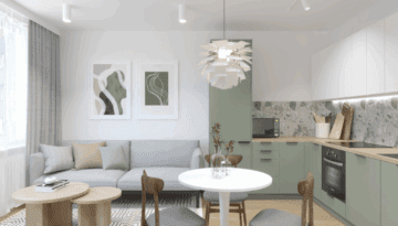 Projekt wnętrz mieszkania w Łodzi. Zielona kuchnia. Aneks kuchenny w salonie