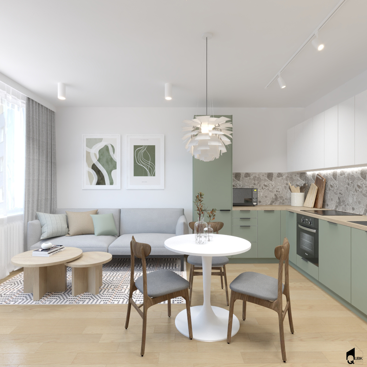 Projekt wnętrz mieszkania w Łodzi. Zielona kuchnia. Aneks kuchenny w salonie