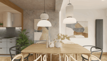 Jasna jadalnia z dużym stołem i miękkim oświetleniem – projekt strefy dziennej