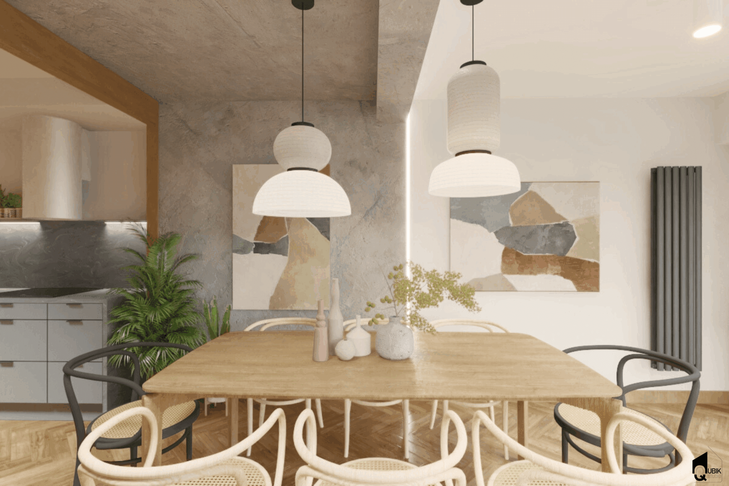 Jasna jadalnia z dużym stołem i miękkim oświetleniem – projekt strefy dziennej