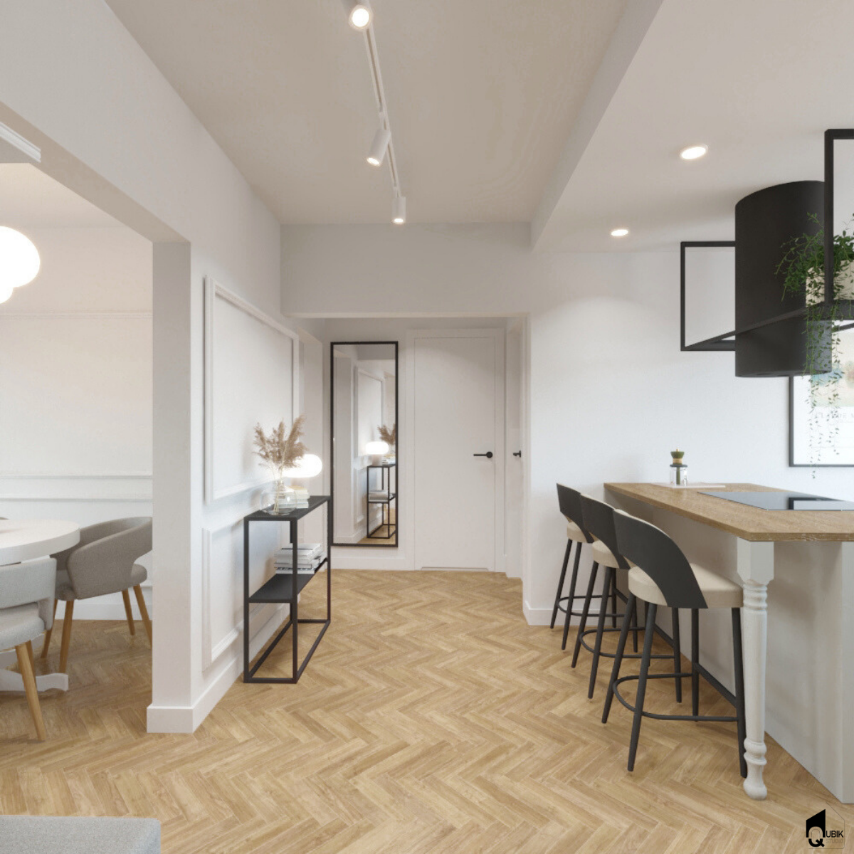 Projekt wnętrz mieszkania w Sieradzu. Akcenty na ścianie e ze sztukaterii. Otwarta kuchnia