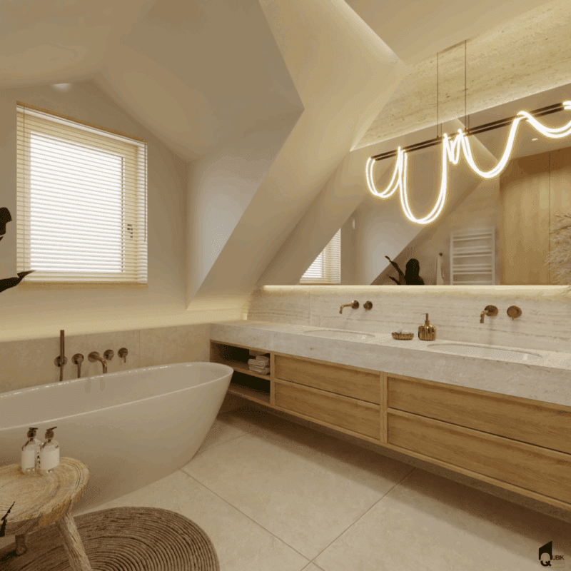 Sieradz-łazienka-japandi-jasna (2) Miedziane baterie i minimalistyczne lustro z podświetleniem LED w jasnej łazience anna pod oknem z widokiem – łazienka w stylu japandi z naturalnym światłem