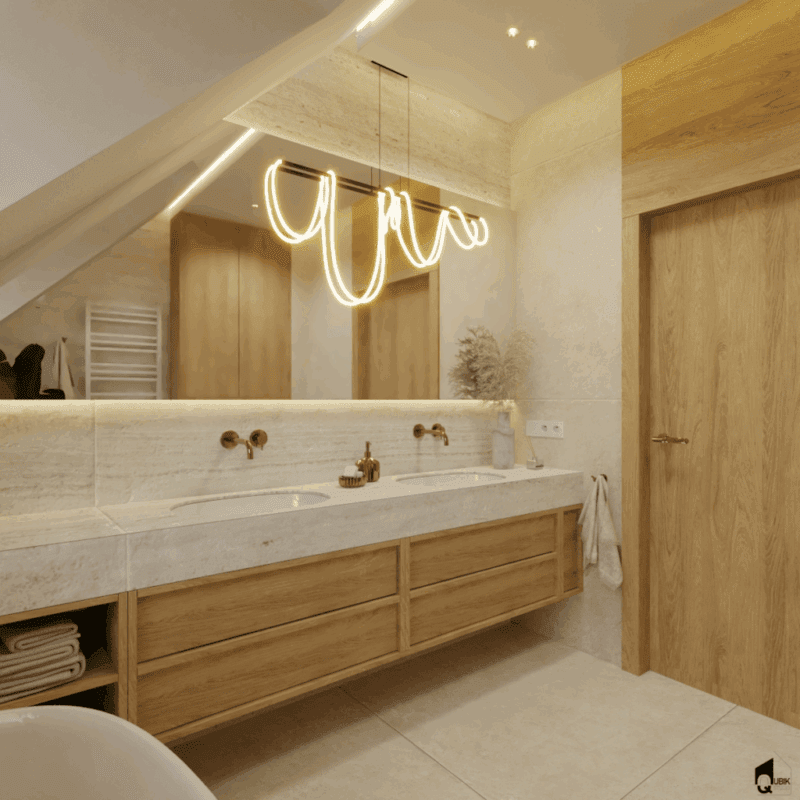 Sieradz-łazienka-japandi-jasna (4) Detale łazienki w stylu japandi – jasne płytki, ciepłe drewno i subtelne oświetlenie