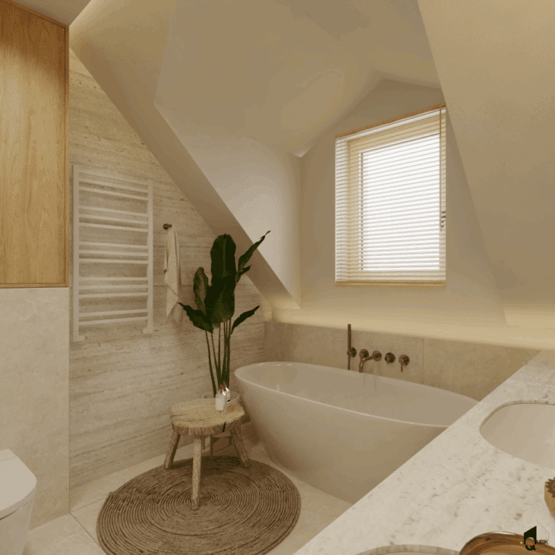 Sieradz-łazienka-japandi-jasna (6) Wanna pod oknem z widokiem – łazienka w stylu japandi z naturalnym światłem