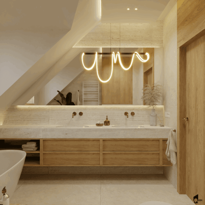 Sieradz-łazienka-japandi-jasna (7) Miedziane baterie i minimalistyczne lustro z podświetleniem LED w jasnej łazience