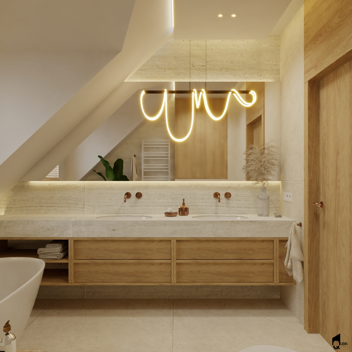 Miedziane baterie i minimalistyczne lustro z podświetleniem LED w jasnej łazience