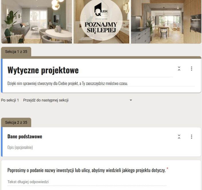 studio qubik wytcyzne projektowe screen formularz pytania dla kleitna